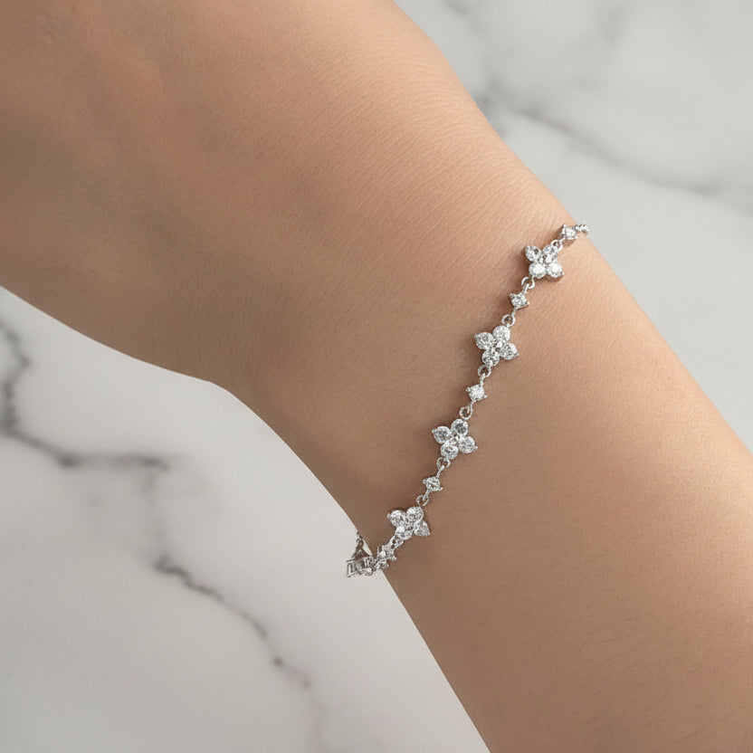 Five Flower Natural Zircon Gemstone Bracelet set in 18K White Gold Plated 925 Silver