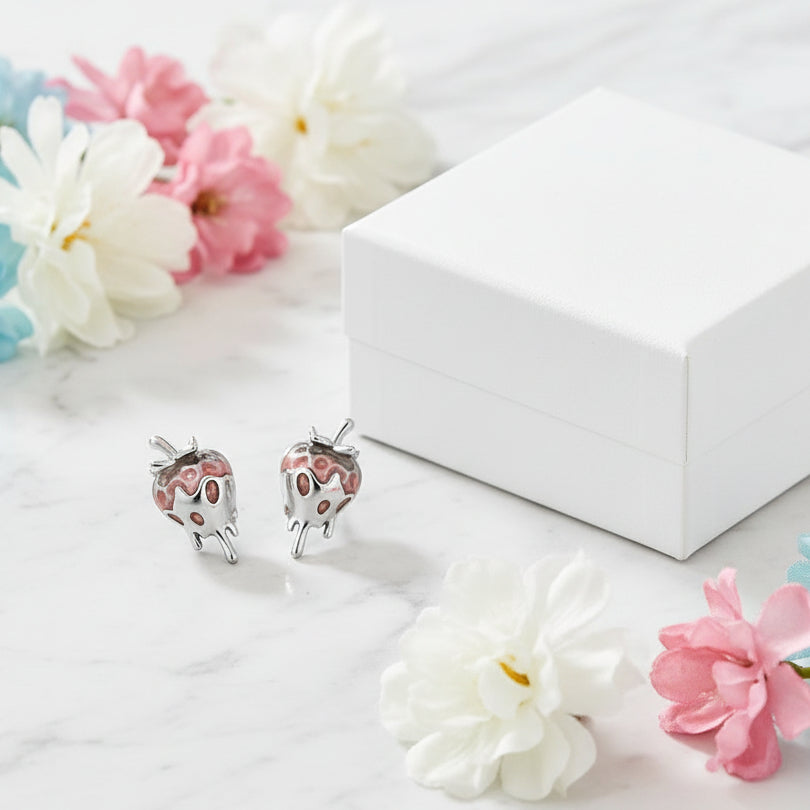 Silver Dipped Strawberry Enamel Earrings set in 18K White Gold Plated 925 Sterling Silver