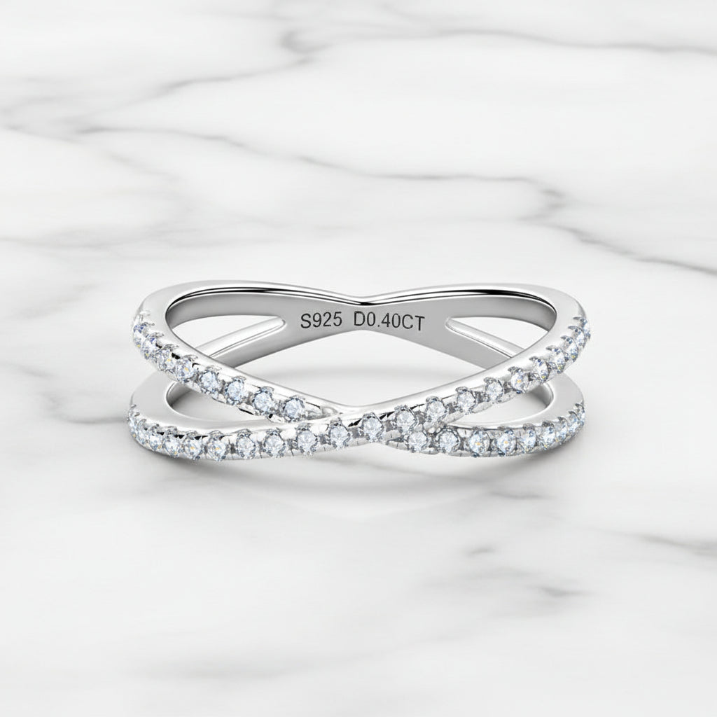 European Twin Band Design 0.4 Moissanite Diamond Ring set in Platinum Plated 925 Silver