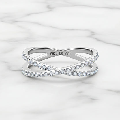 European Twin Band Micro Inlay 0.4 Moissanite Ring set in Platinum Plated 925 Silver (GRA) Capella Jewellery
