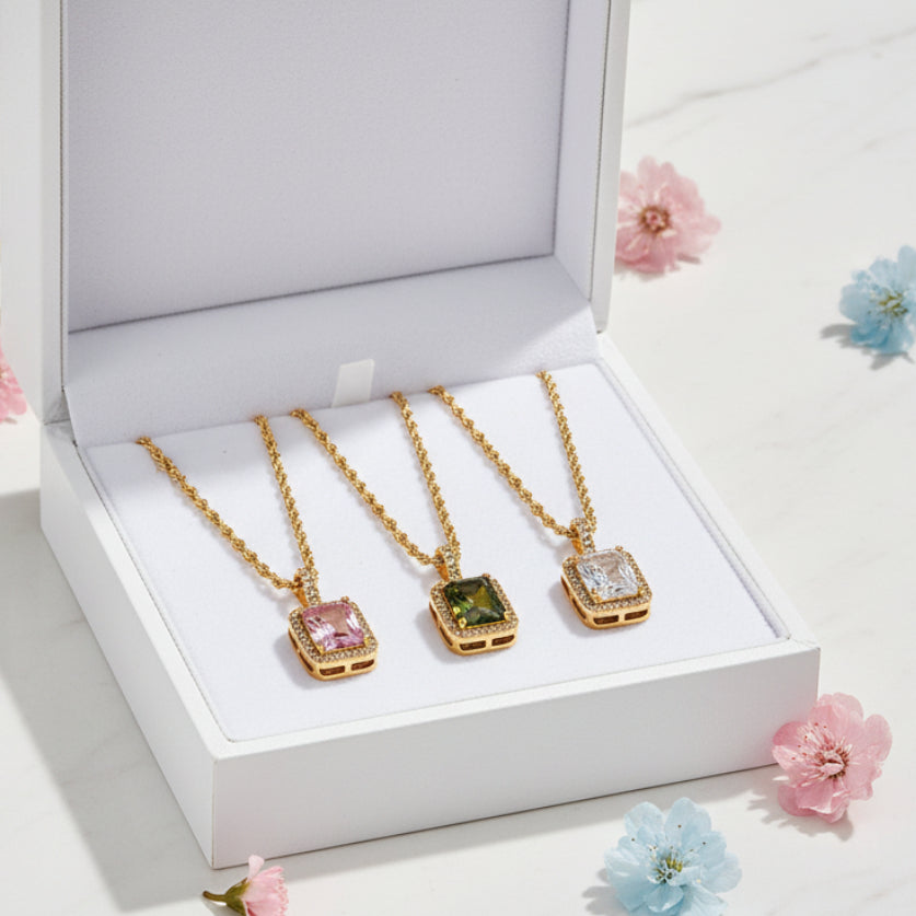 European Vintage Emerald Cut Natural Zircon Gemstone Pendant set in 18K Gold Plated Clavicle Necklace Capella Jewellery