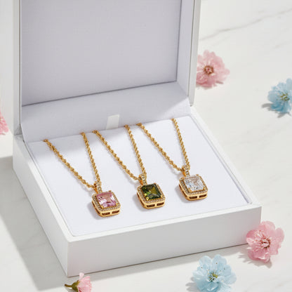 European Vintage Emerald Cut Natural Zircon Gemstone Pendant set in 18K Gold Plated Clavicle Necklace Capella Jewellery