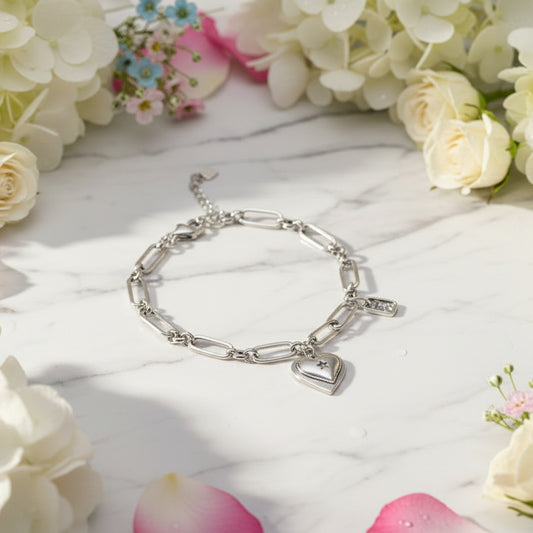 European Loving Heart Paper Clip Chain Bracelet set in Premium 925 Sterling Silver