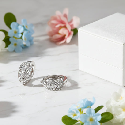 Modern European Leaf Inspired Micro Moissanite Diamond Earrings set in 18K White Gold 925 Silver