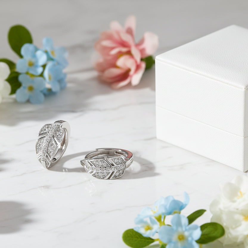 Modern Leaf Inspired Micro Moissanite Diamond Earrings set in 18K White Gold 925 Silver