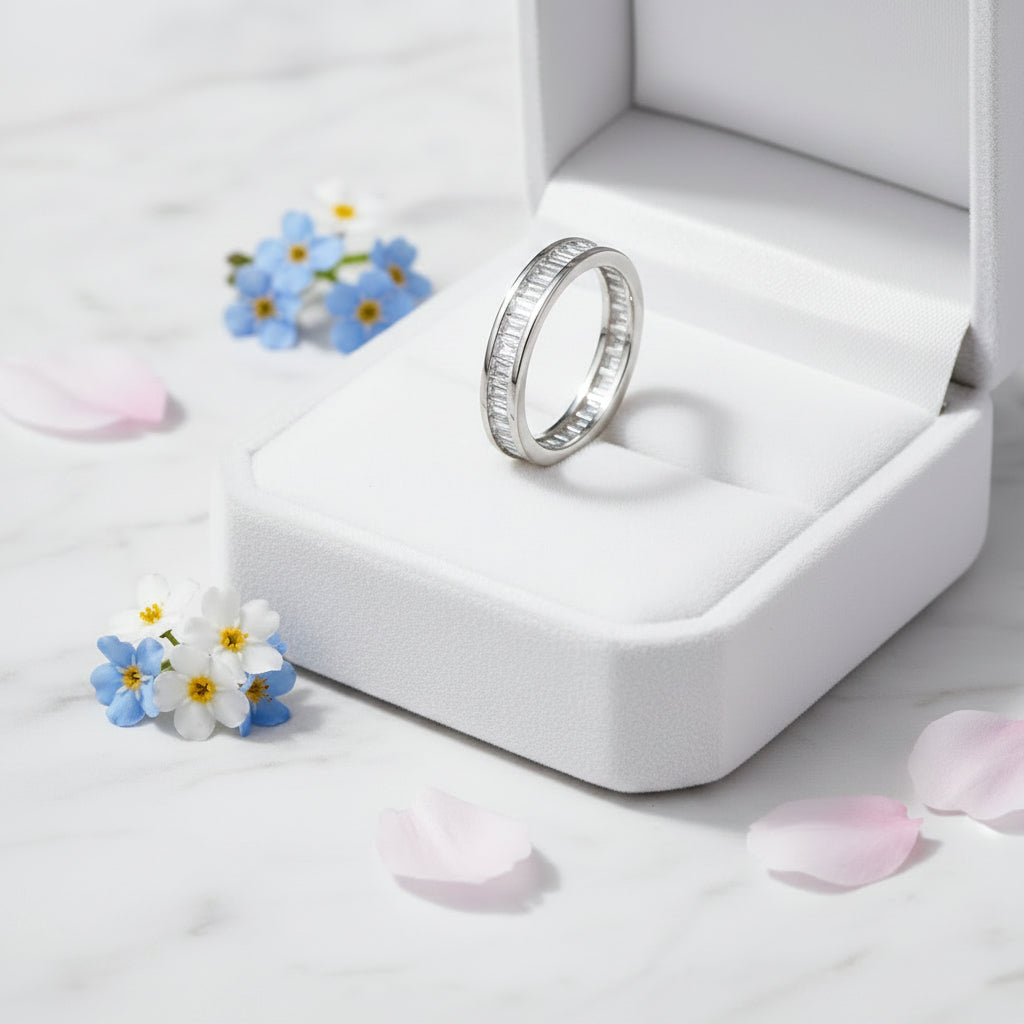 Italian Rome Eternity Pavé Natural Zircon Gemstone Ring set in 18K White Gold Plated 925 Silver