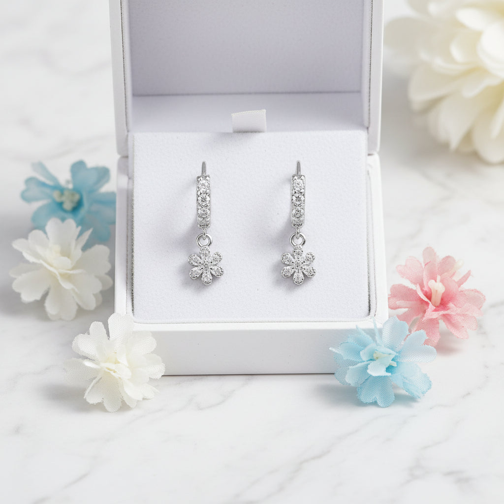 Diamond Flowers Micro Natural Zircon Gemstone Earrings set in Platinum Plated 925 Silver