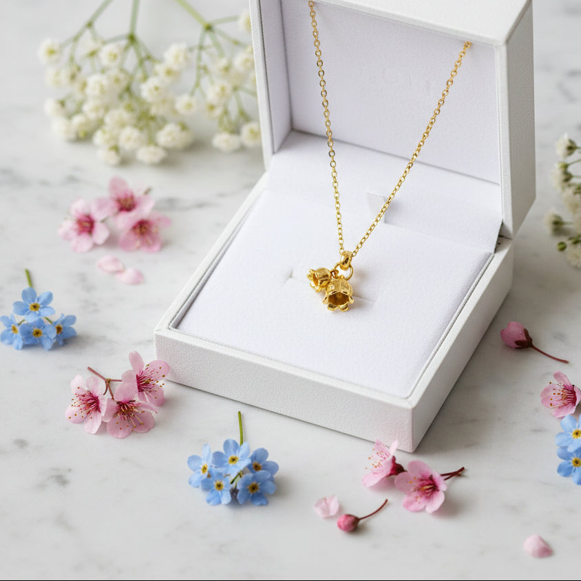 French Lily's Of The Valley Design Necklace set in 18K Gold Plated 925 Sterling Silver