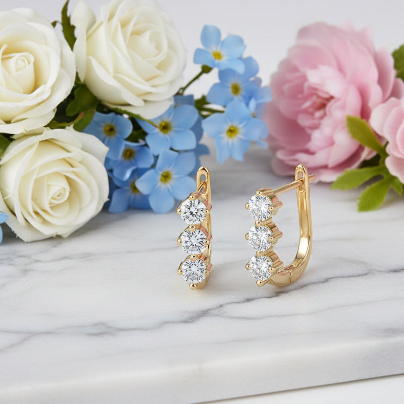 Three Stones 0.6 Carat Moissanite Diamond Earrings set in 18K Gold Plated 925 Silver (GRA)