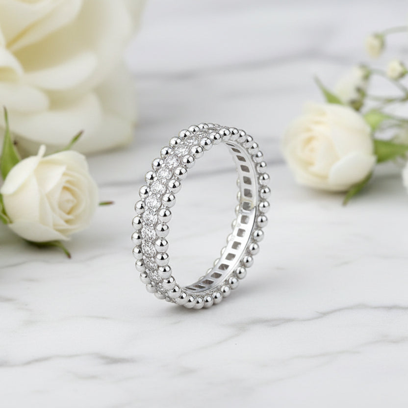 Italian Bead Edge Ring Pave 0.7 Carat Moissanite Diamond set in Platinum Plated 925 Silver (GRA)
