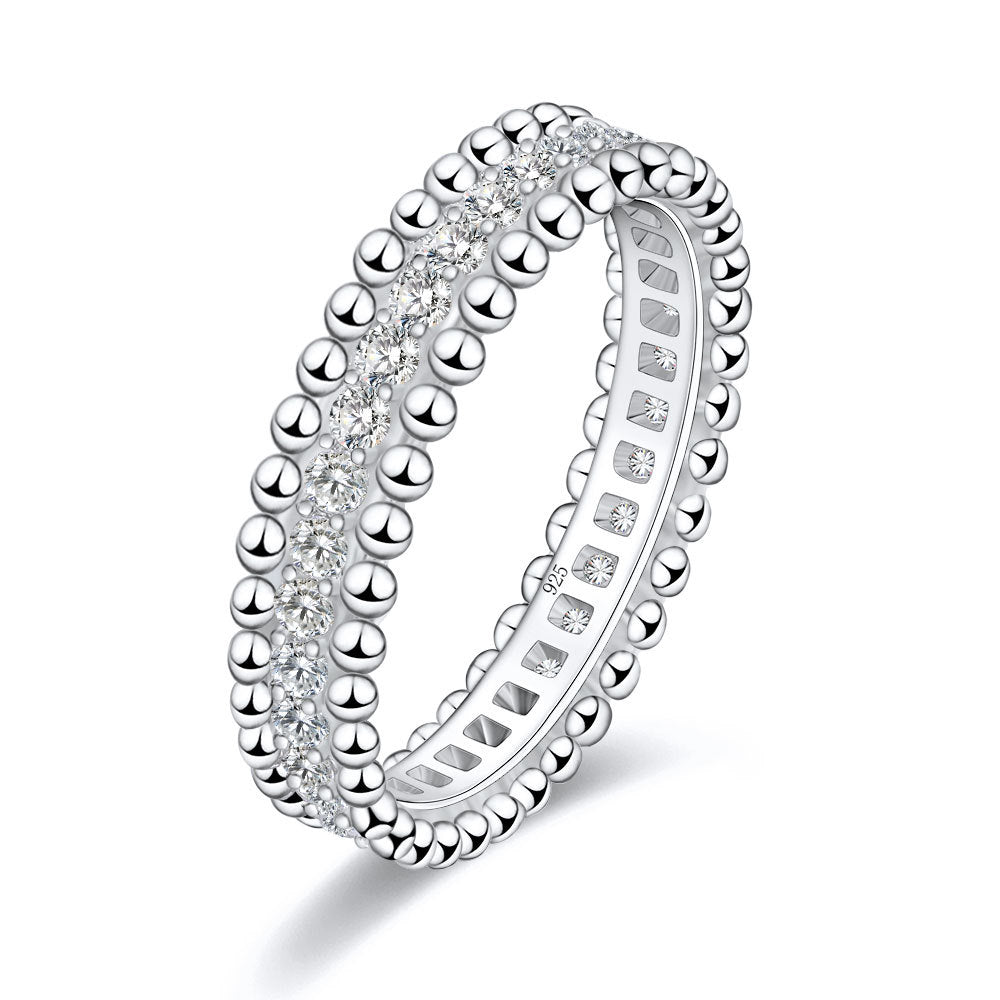 Italian Bead Edge Ring Pave 0.7 Carat Moissanite Diamond set in Platinum Plated 925 Silver (GRA)