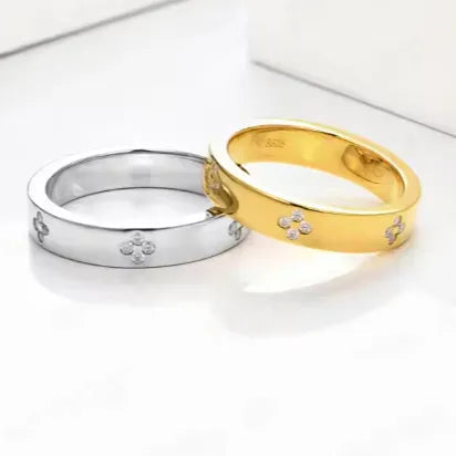 Four Leaf Clover Micro Inlay Natural Zircon Gemstone Ring set in 18K Gold Plated 925 Silver