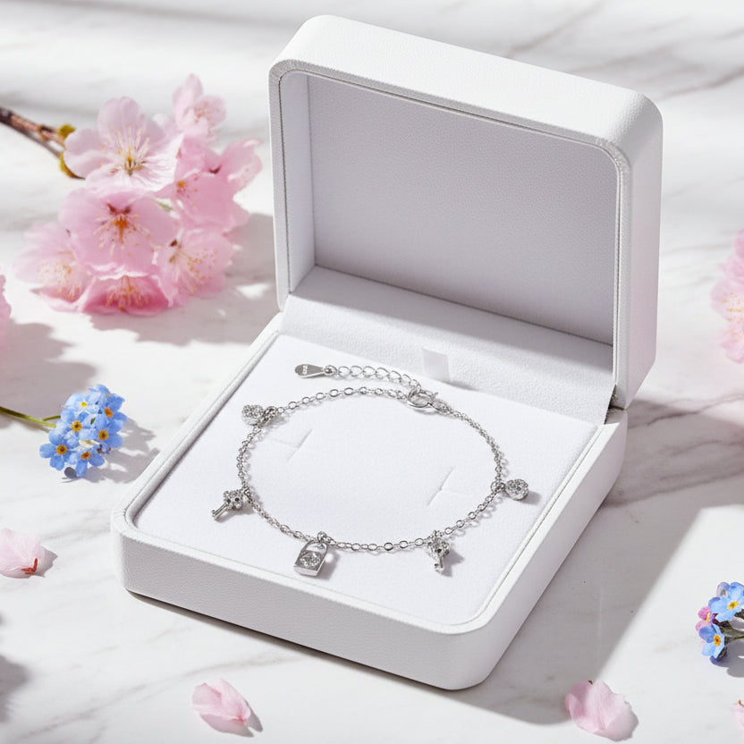 Lock & Key Design Natural Inlay Zircon Gemstone Bracelet set in Platinum Plated 925 Silver