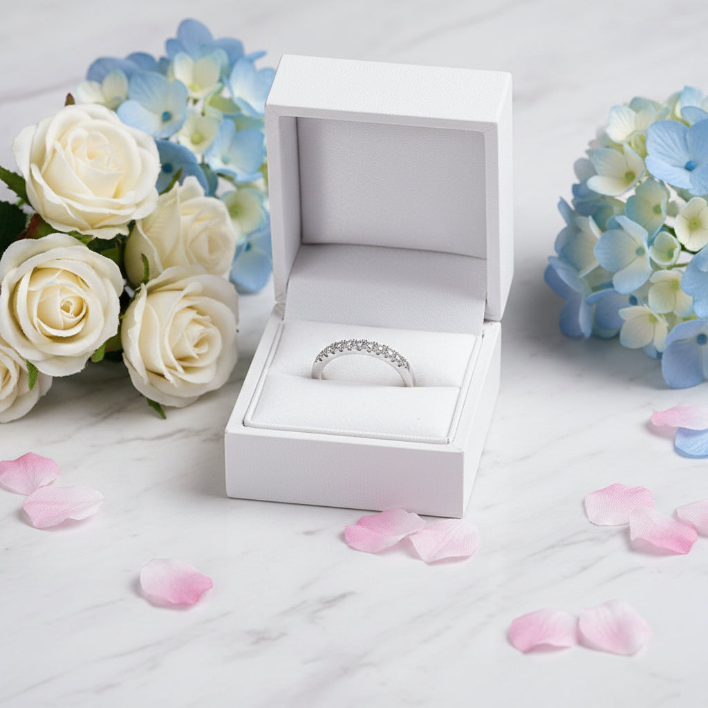 Italian 15 Stone Design 0.22 Carat Moissanite Diamond Ring set in Platinum Plated 925 Silver (GRA)
