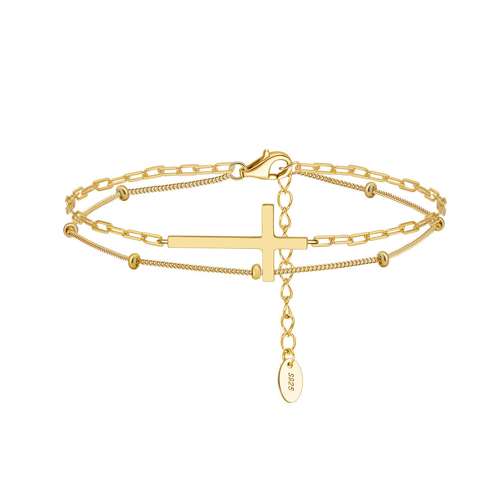 Double-Layer Christian Holy Cross Bracelet set in 18K Gold Plated 925 Sterling Silver