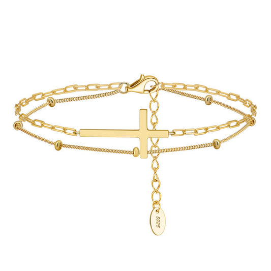 Italian Faith Double-Layer Christian Cross Design Bracelet set in 18K Gold Plated 925 Sterling Silver