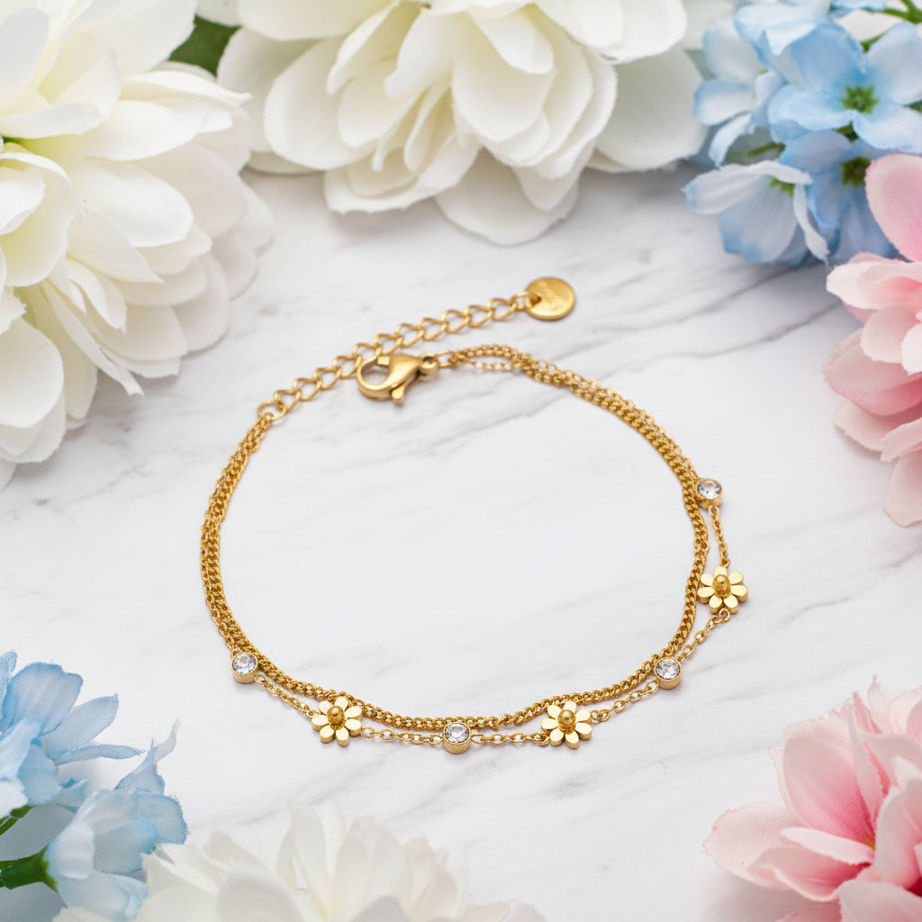 French Chic Design (3 mm) Natural Zircon and Flower Charms Bracelet set in 18K Gold Plating