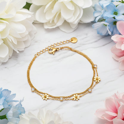 French Chic 'Diamonds & Flowers' Natural Zircon Gemstones Bracelet set in 18K Gold Plating Capella Jewellery