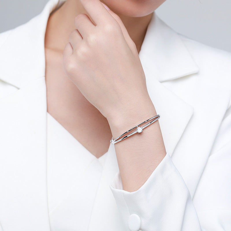 Double Layer Solitaire Natural Zircon Gemstone Bracelet set in 925 Sterling Silver