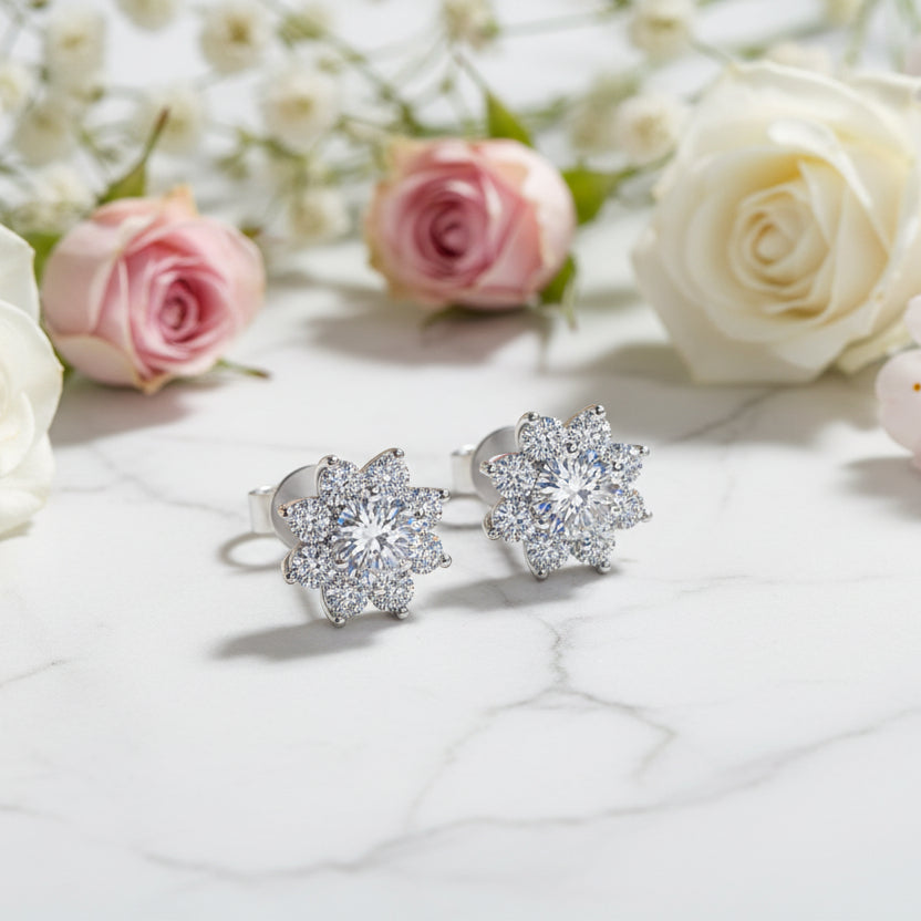 Beijing Snowflake 2 Carat Moissanite Diamond Earrings set in Platinum Plated 925 Silver (GRA)
