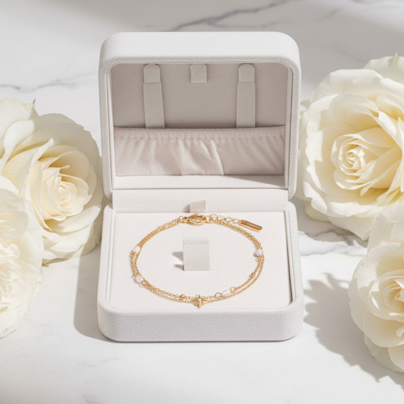 Six-Pointed Star or Heart Double-layer Pearl Necklace and Bracelet set in 18K Gold Plating Capella Jewellery