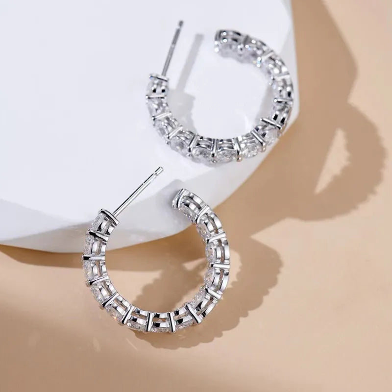 Pavé-Set Hoop 3 Carat High Carbon Diamond Earrings set in 18K White Gold Plated 925 Silver
