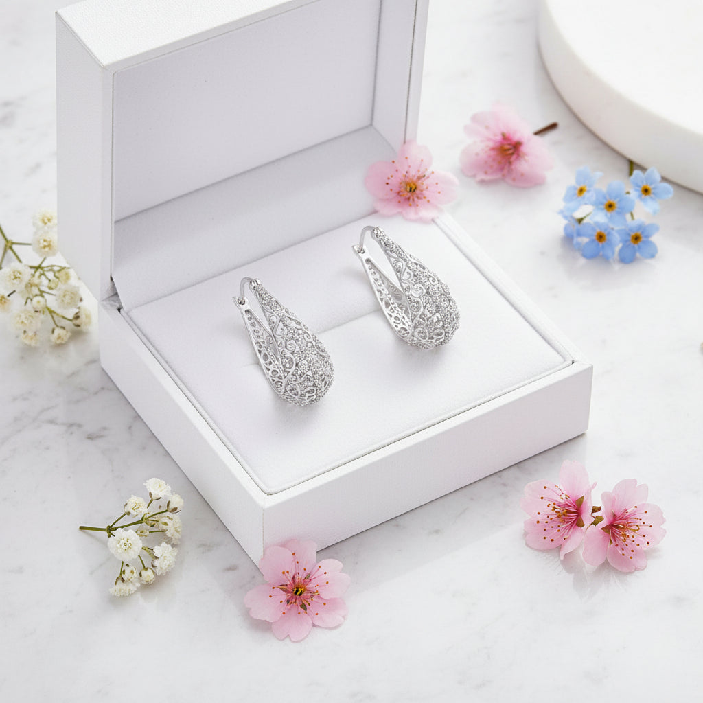 Retro British Designed Floral Earrings set in 18K White Gold Plated 925 Sterling Silver