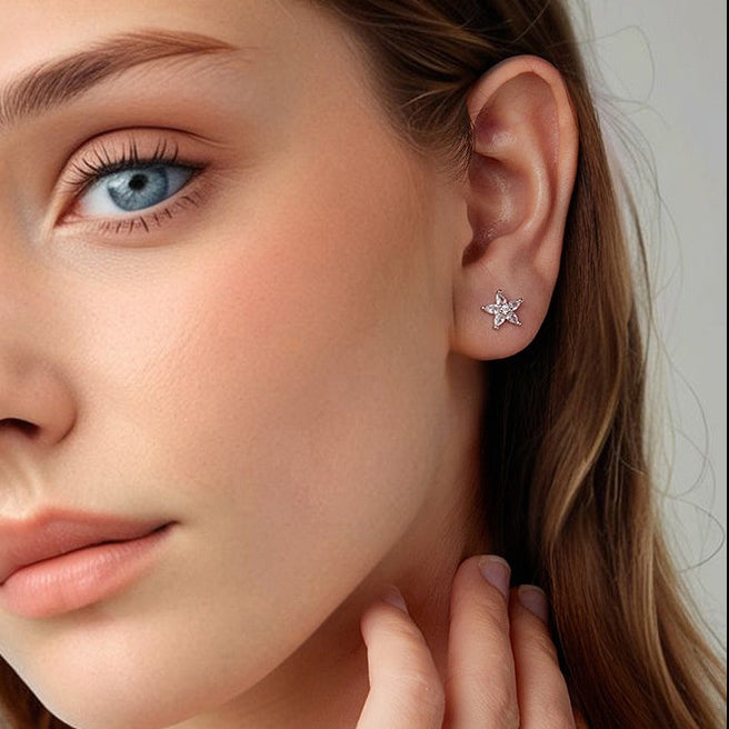 Shining American Star Design Micro Inlaid Natural Zircon Earrings set in Platinum Plated 925 Silver