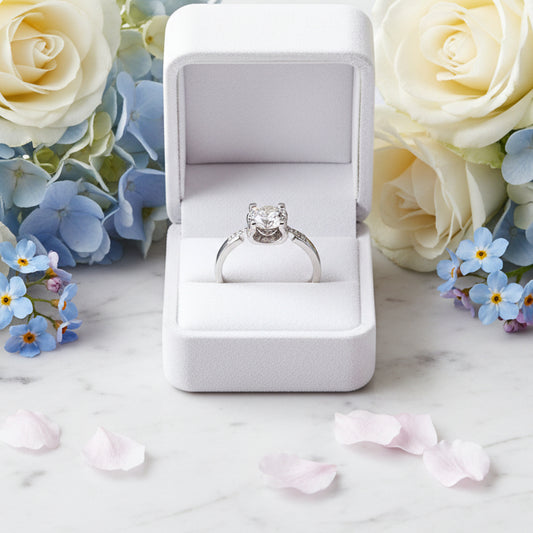 Modern Italian Inspired Solitaire Ring 1 Carat Moissanite Diamond set in Platinum Plated 925 Silver (GRA)