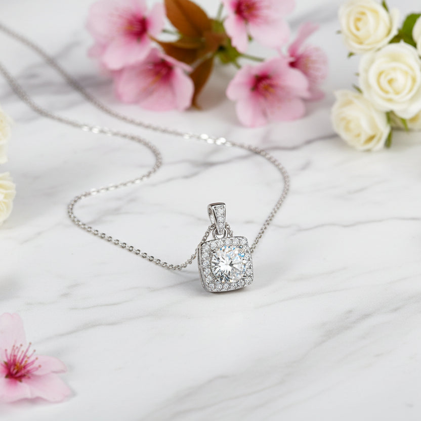 Italian Design Square Inlaid 1 Carat Moissanite Diamond Pendant set in 925 Silver (GRA)