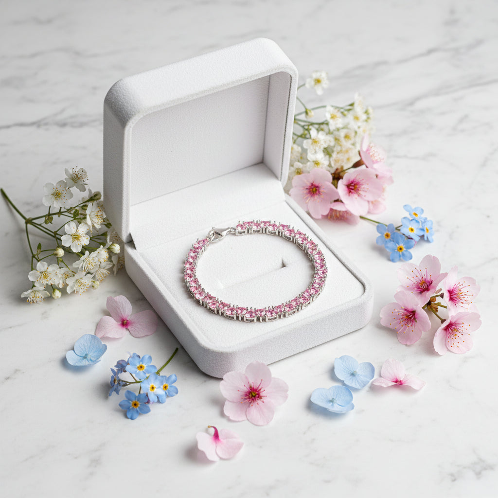 American Design Pink or White Hearts Natural Zircon Gemstone Bracelet set in 925 Silver