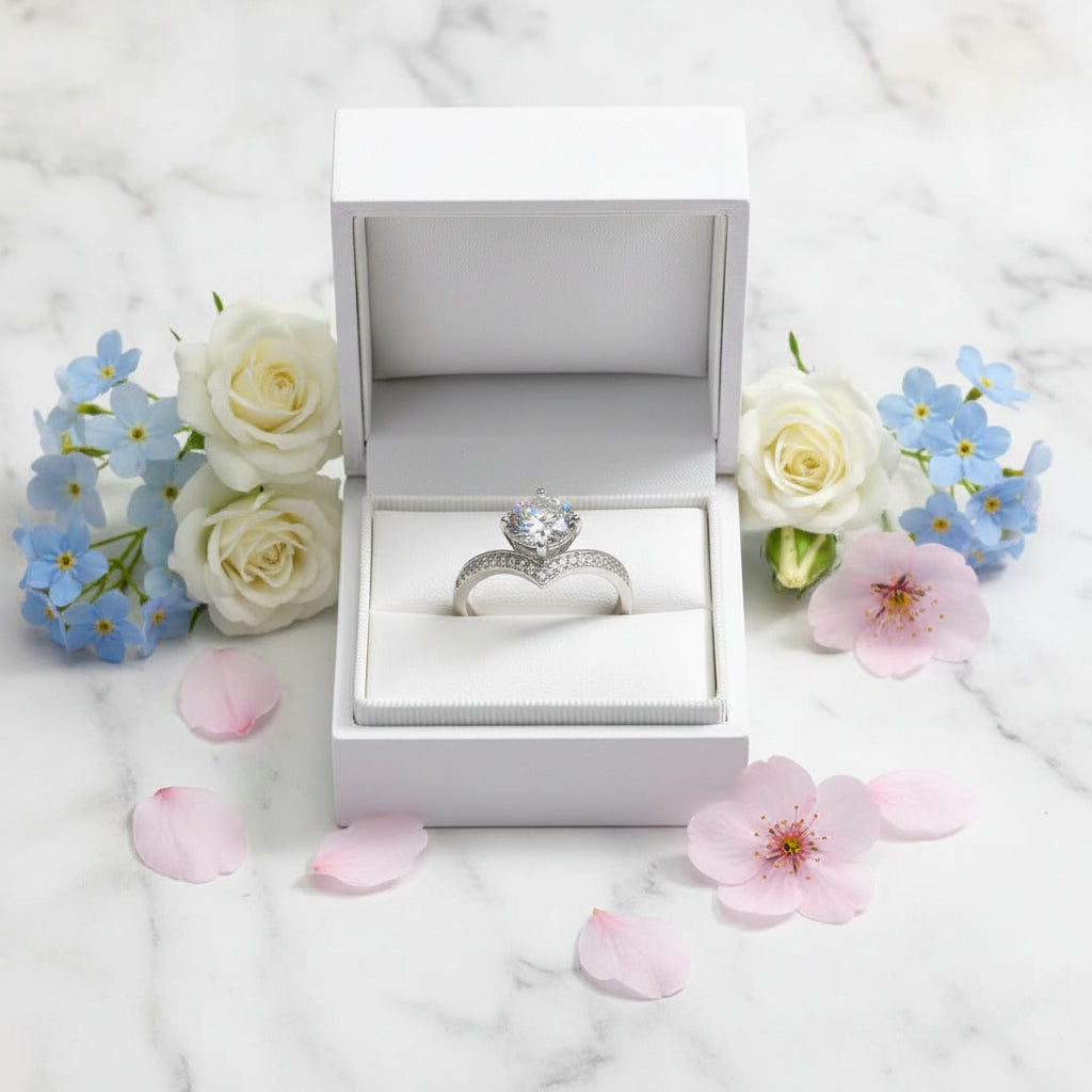 French Chevron Solitaire Pave Inlay 1 Carat Moissanite Diamond Ring set in 18K White Gold 925 Silver