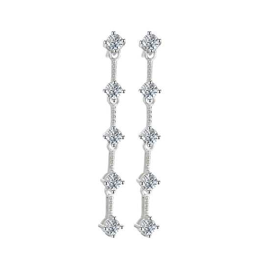 French Long Tassel Design 1 Carat Moissanite Diamond Earrings set in Platinum Plated 925 Silver