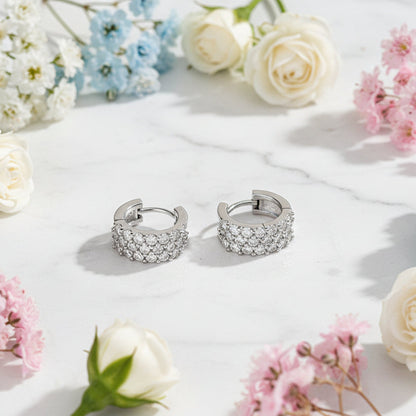 Mosaic Italian Design Micro Inlaid Moissanite Earrings set in Platinum Plated 925 Silver (GRA) Capella Reya close up front