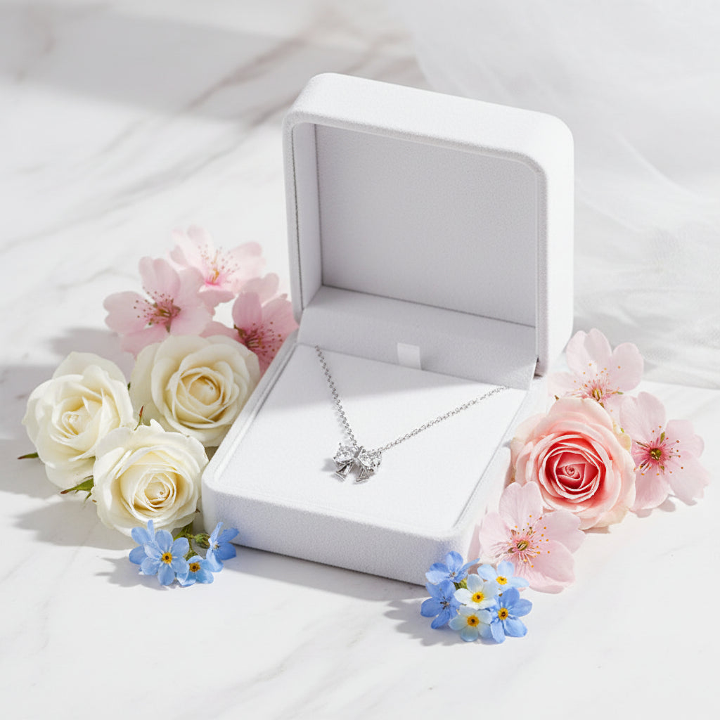 Princess Bow Micro Natural Zircon Gemstone Pendant Necklace set in Pure 999 Silver