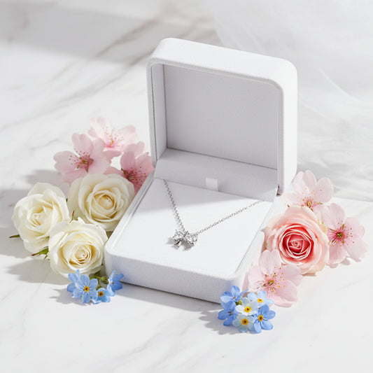 European Princess Bow Micro Natural Zircon Gemstone Pendant Necklace set in Pure 999 Silver