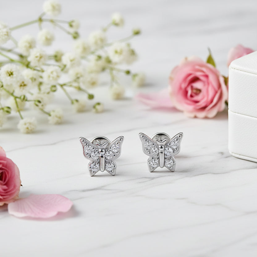French Butterfly Design Moissanite Diamond Earrings set in Platinum Plated 925 Silver (GRA)