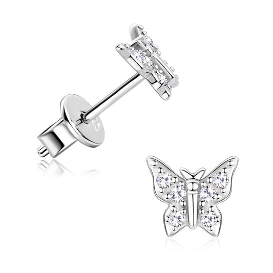 French Butterfly Design Micro Inlay Moissanite Diamond Earrings set in Platinum Plated 925 Silver (GRA)