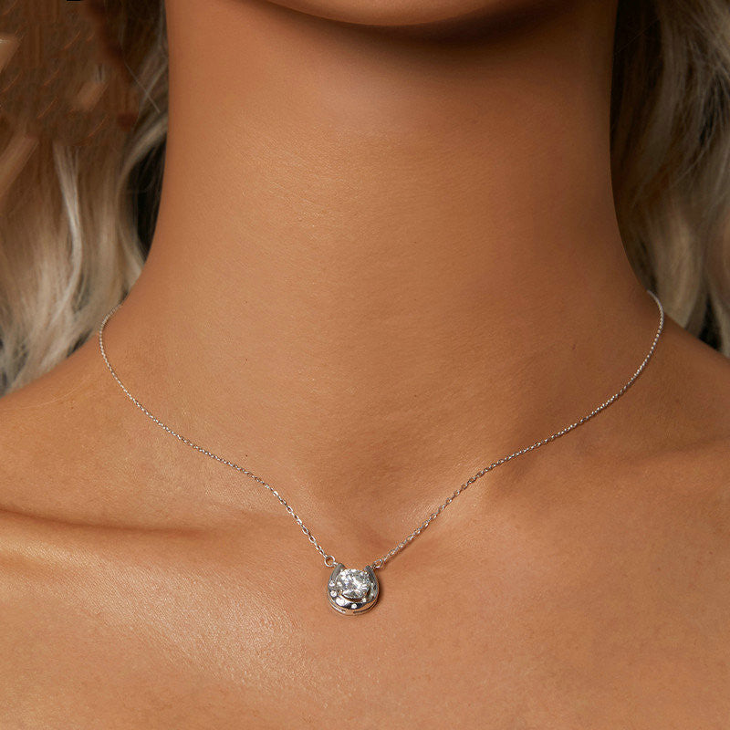 Lucky Horseshoe 1 Carat Moissanite Diamond Pendant set in 925 Sterling Silver Necklace (GRA)