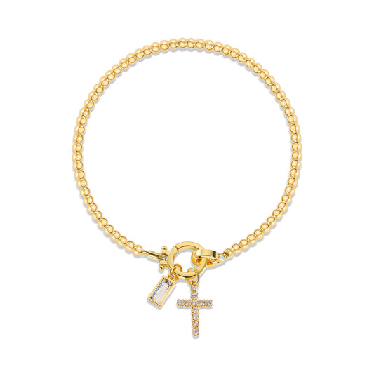 Holy Christian Cross Birth Stone Natural Zircon Gemstone Charm Bracelet set in 18K Gold Plating