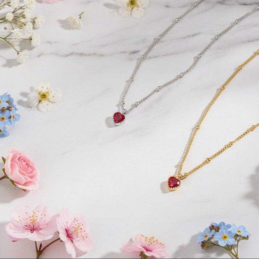 Red Heart Natural Zircon Pendant Necklace set in 18K Gold Plated 925 Sterling Silver