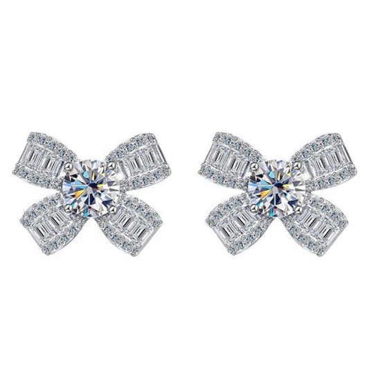 French Bow Design 1 Carat Moissanite Diamond Earrings set in Platinum Plated 925 Sterling Silver