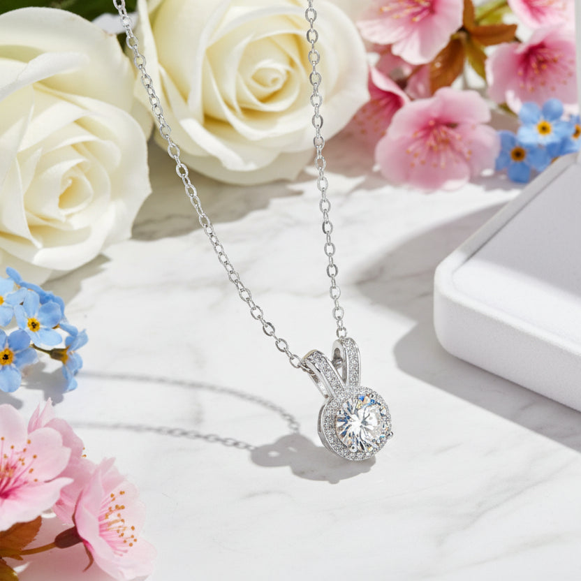 Pavé Halo 1 Carat Moissanite Diamond Necklace set in 18K White Gold 925 Silver (GRA)