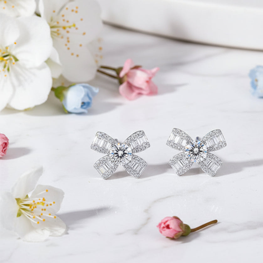 Classic French Bow Design 0.5 Carat Moissanite Diamond Earrings set in 925 Sterling Silver