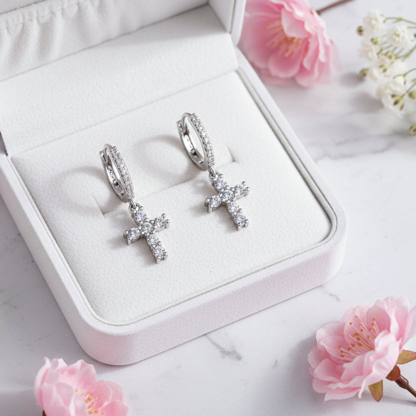 Holy Christian Cross 1 Carat Moissanite Diamond Earrings set in Platinum Plated 925 Silver (GRA)