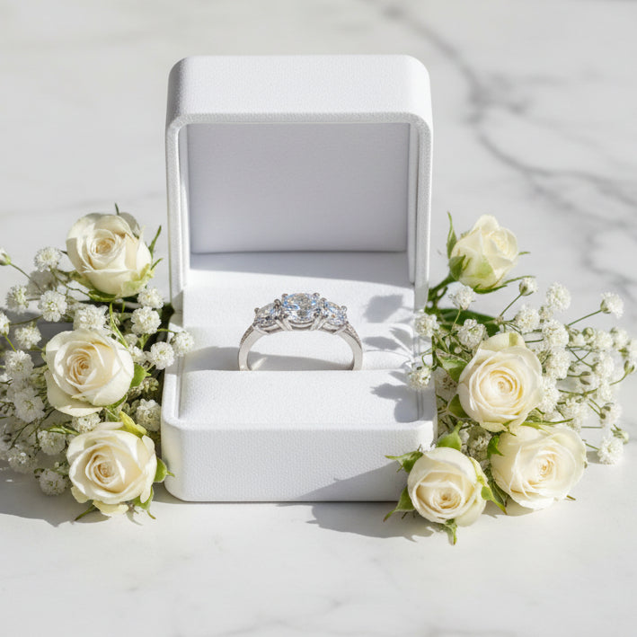 European Three Round 1 Carat Moissanite Diamond Ring set in 18K White Gold Plated 925 Silver (GRA)