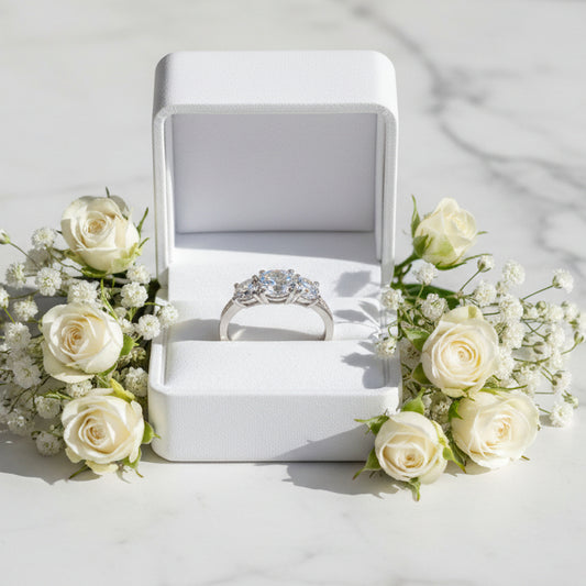 European Three Stones Design 1 Carat Moissanite Diamond Ring set in 18K White Gold Plated 925 Silver (GRA)
