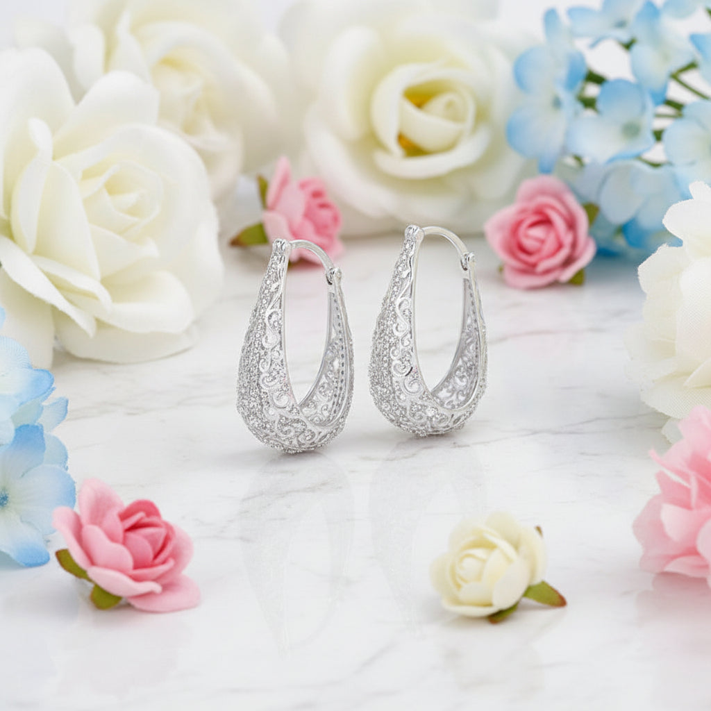 Retro British Designed Floral Earrings set in 18K White Gold Plated 925 Sterling Silver