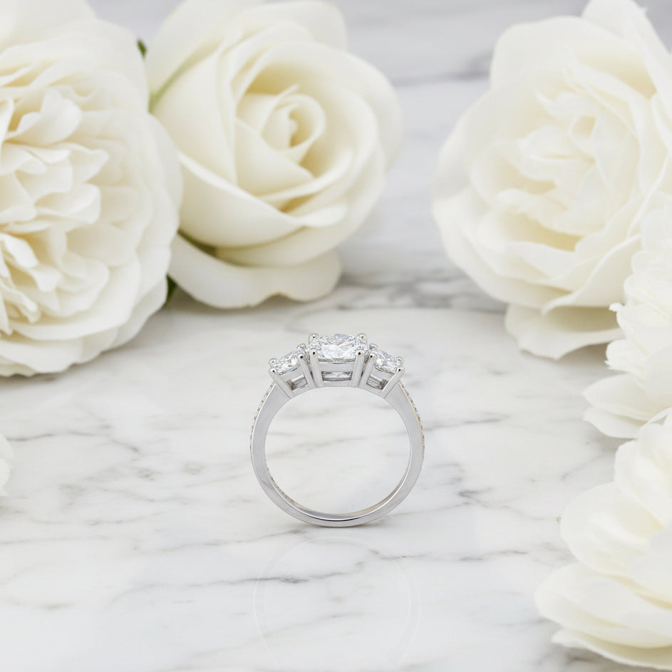 Italian Three Stone 3 Carat Moissanite Diamond Ring set in 18K White Gold Plated 925 Silver (GRA)