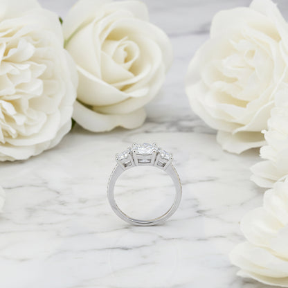 Italian Three Stones Pavé Sides 3 Carat Moissanite Ring set in 18K White Gold Plated 925 Silver (GRA) Capella Jewellery